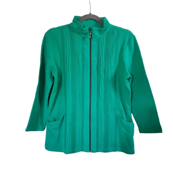 Onque Casual Kelly Green Full Zip Pockets Embroidered Cotton Cardigan Size Small - Picture 1 of 10